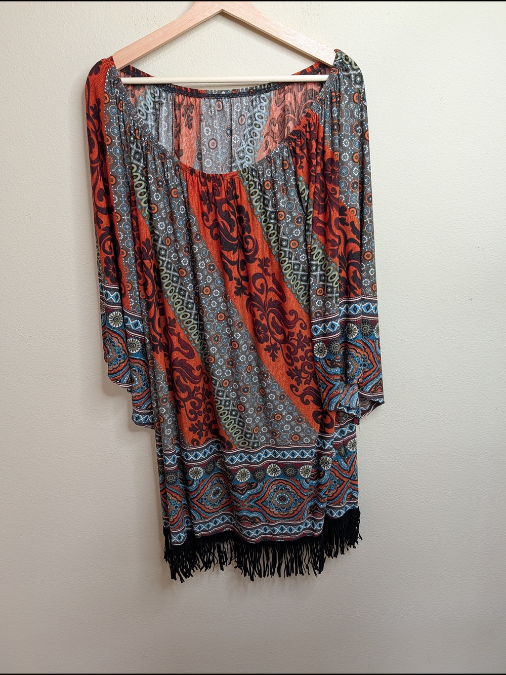 Boho Fringe‎ Hem Tunic Dress 3XL Mixed Medallion Print, Made in USA
